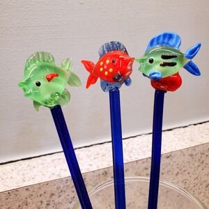 Vintage Hand Blown Art Glass Fish Swizzle Sticks Set 3 Blue Green Red Drink Stir